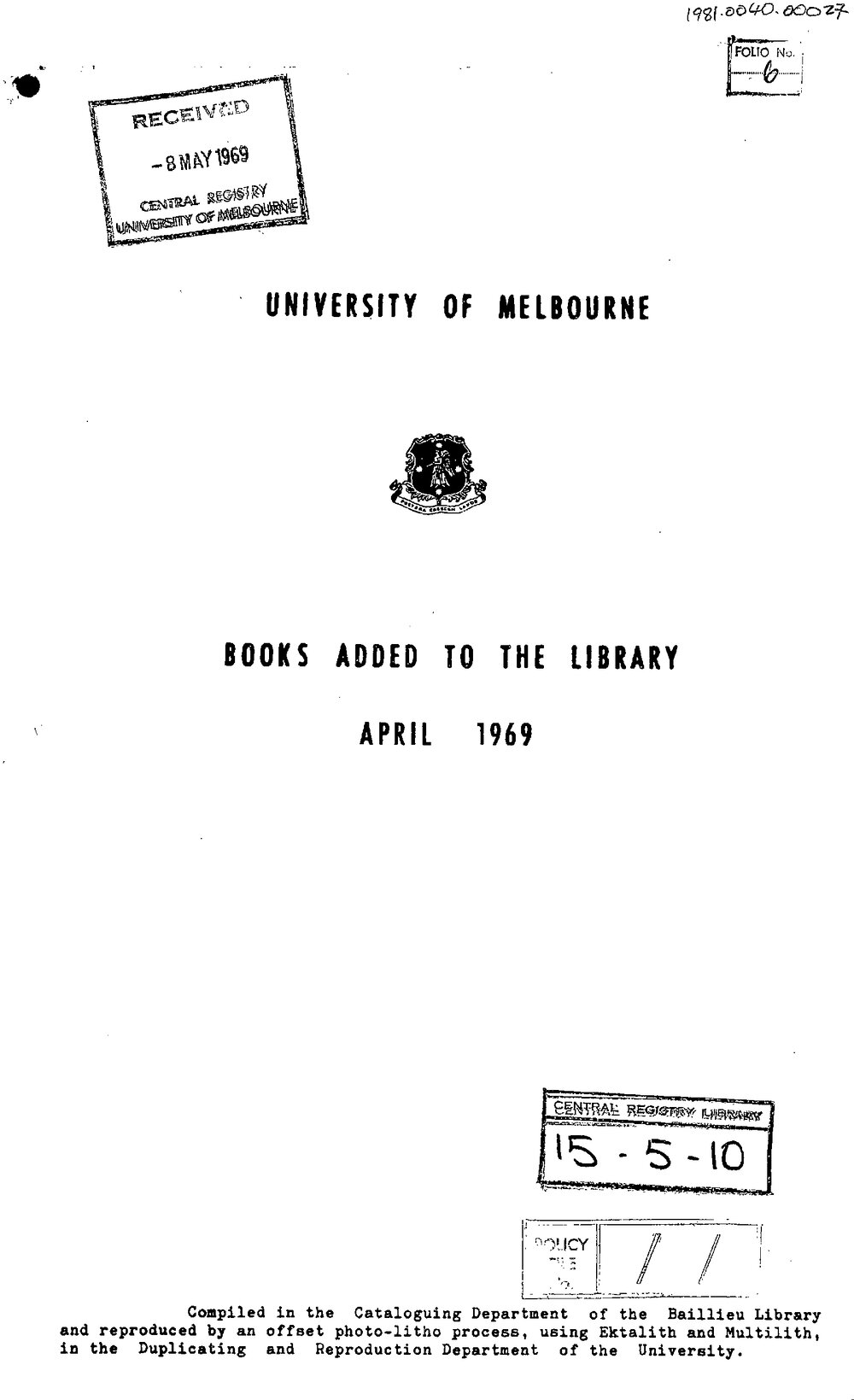 Books  added to the Library April 1969