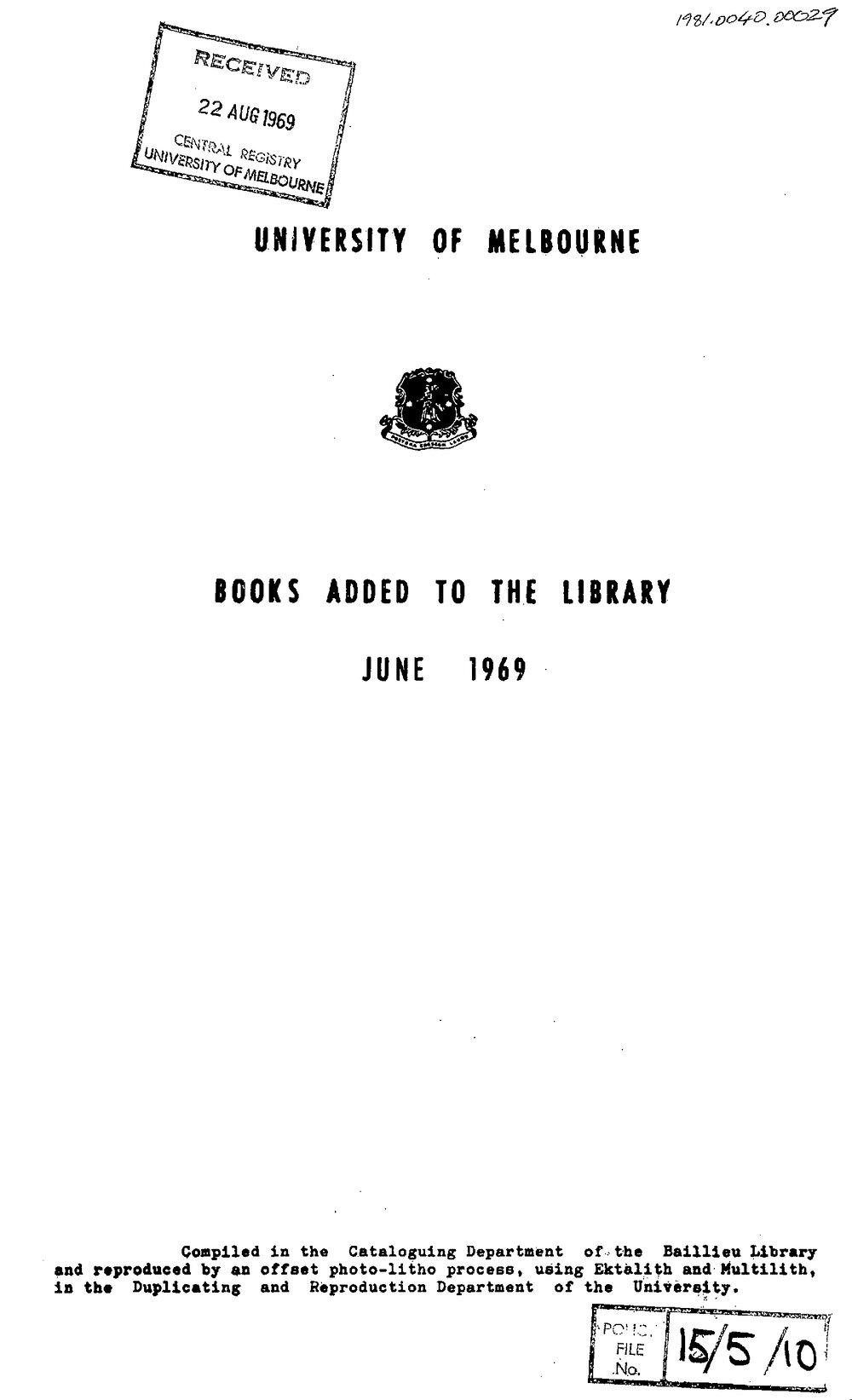 Books  added to the Library June 1969