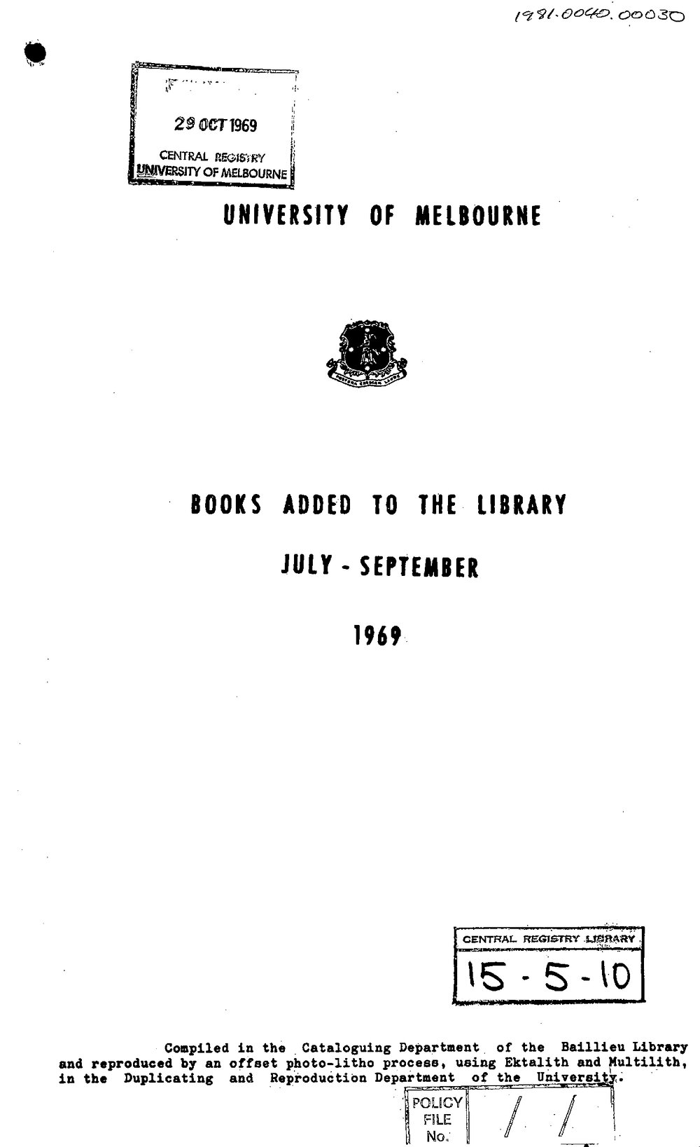 Books  added to the Library July-September 1969