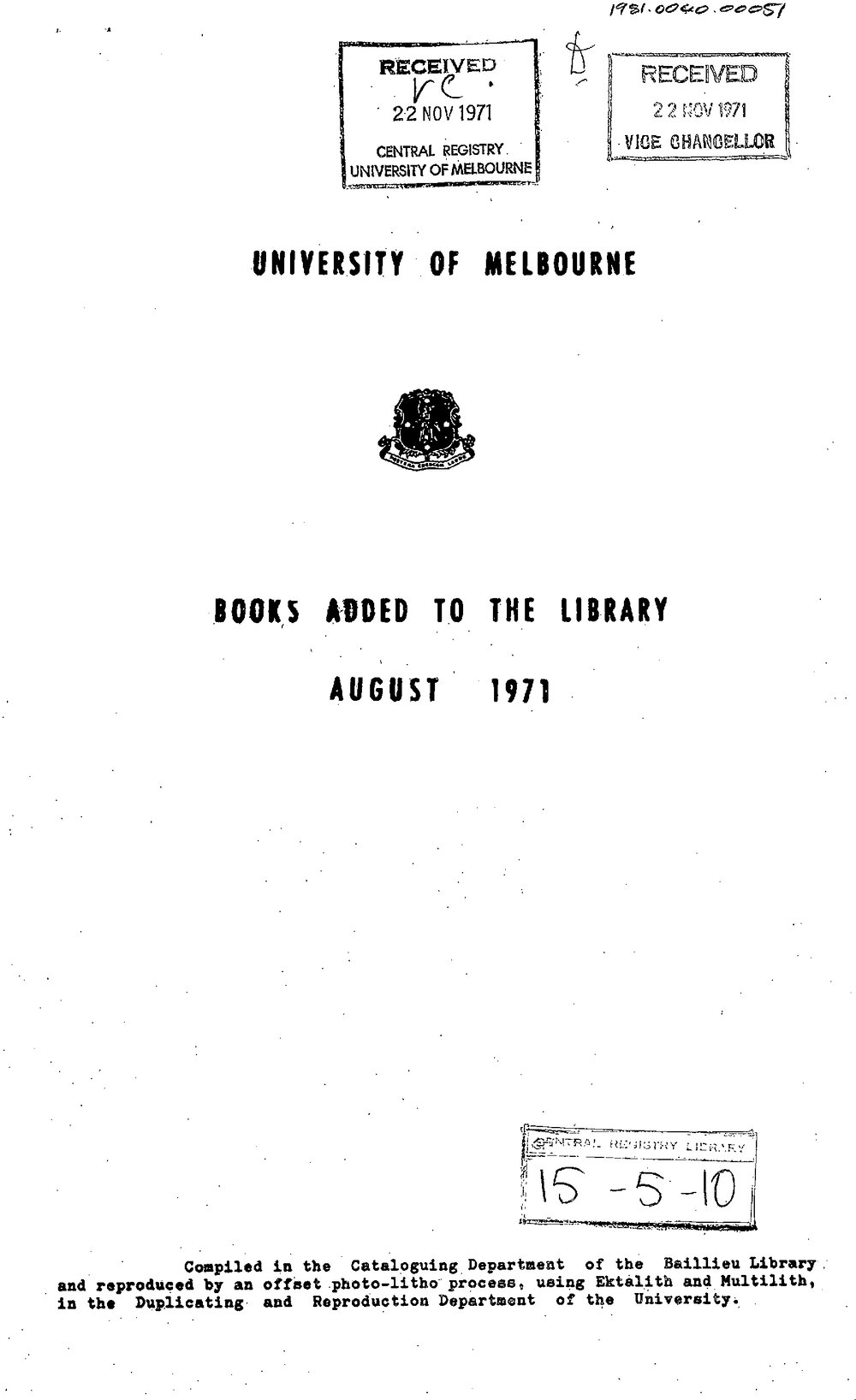 Books  added to the Library August 1971
