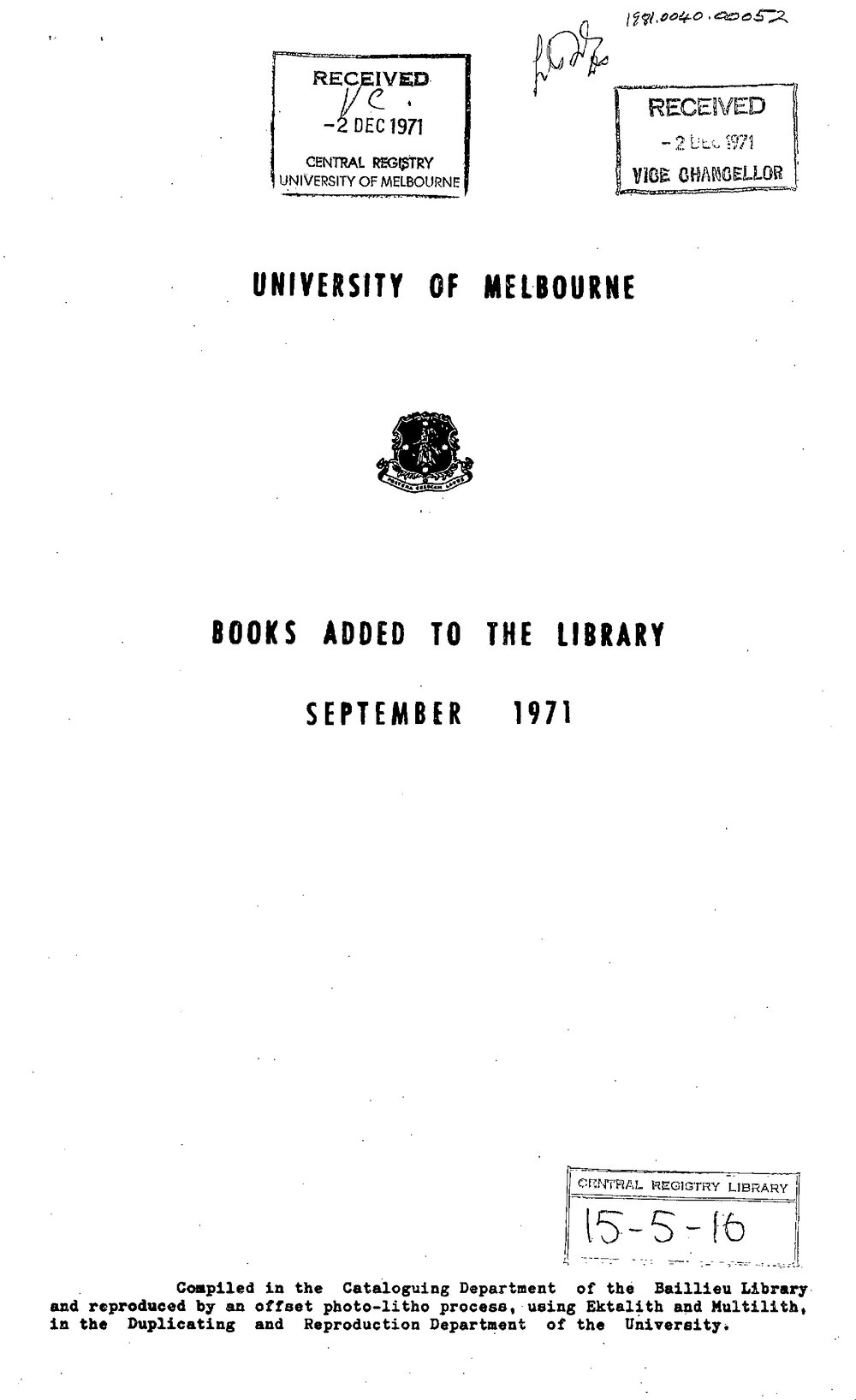 Books  added to the Library September 1971