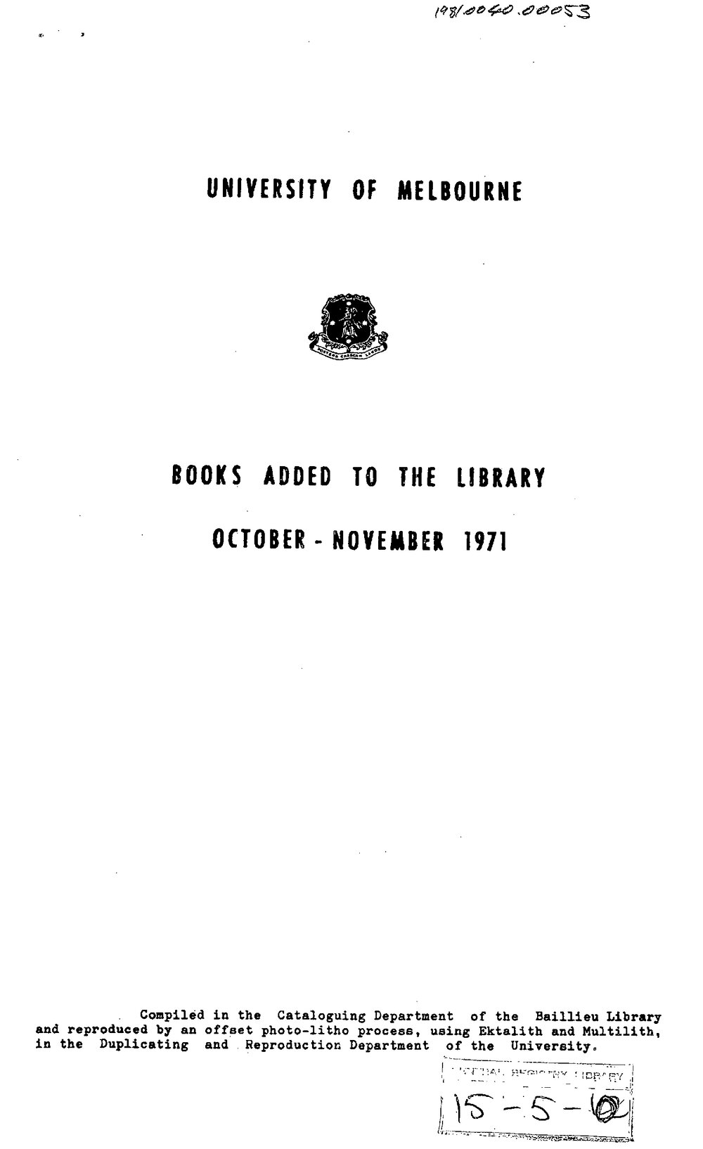 Books  added to the Library October-November 1971