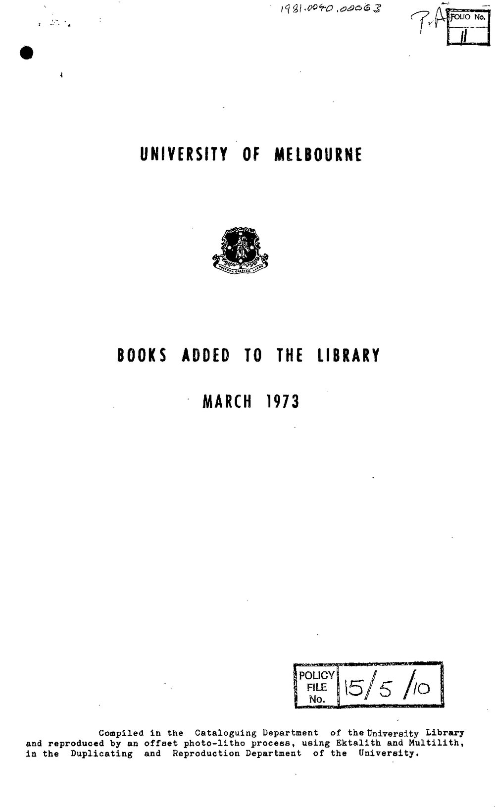 Books  added to the Library March 1973