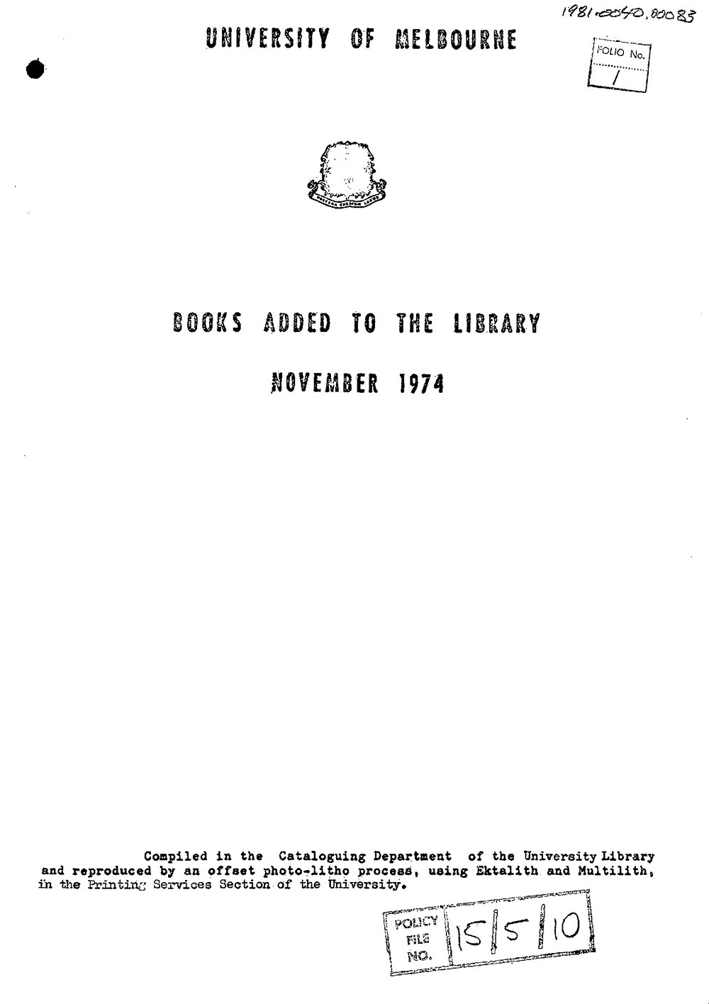 Books  added to the Library November 1974