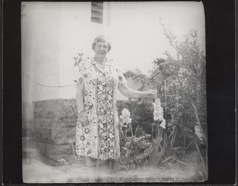[Photograph: Margaret Blackwood in 63 Morrah St Parkville garden]