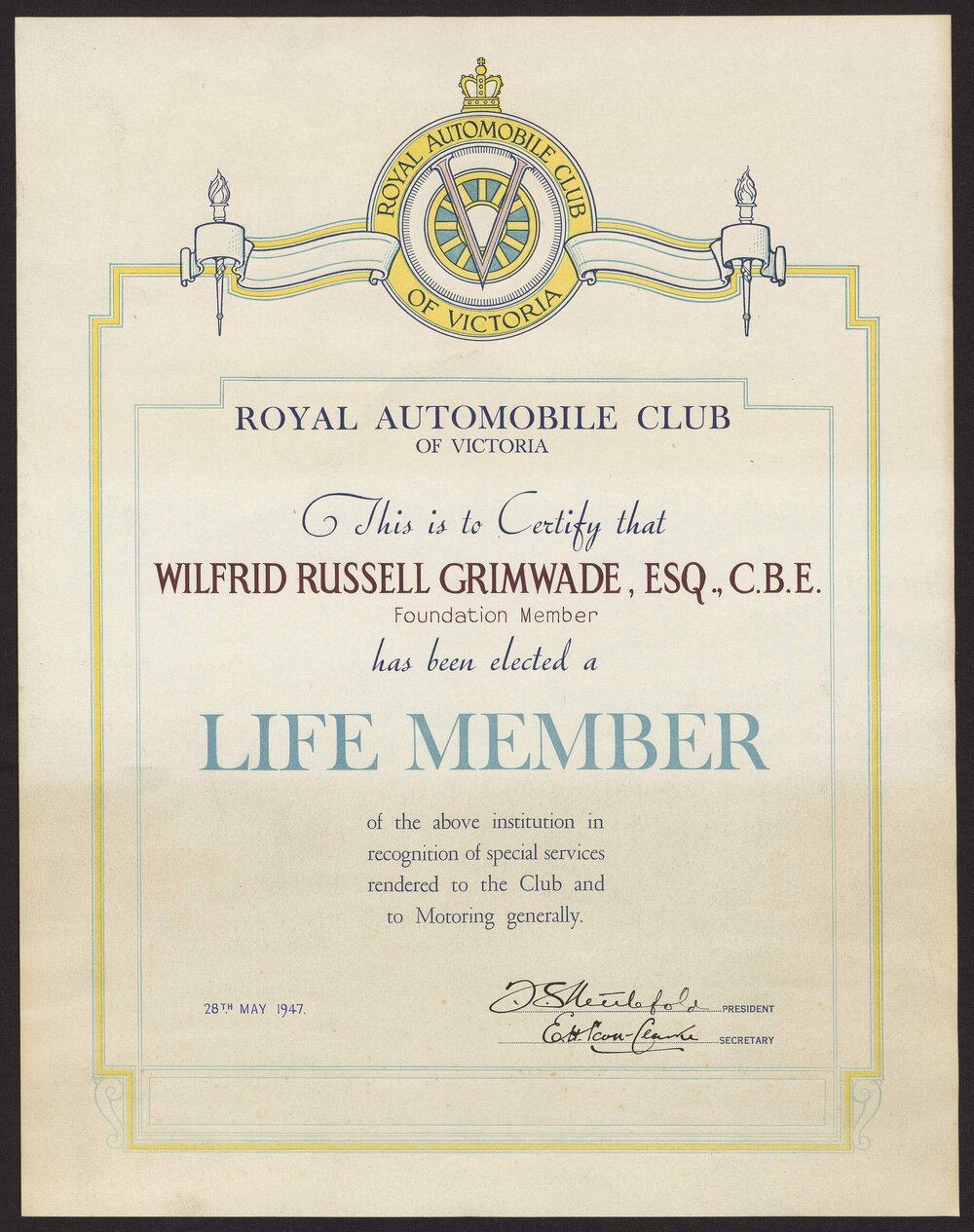 [W.R.G Royal Automobile Club of Victoria - Life Membership]