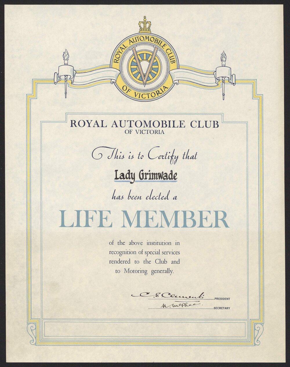 [Certificate - Royal Automobile Club of Victoria Life Membership]