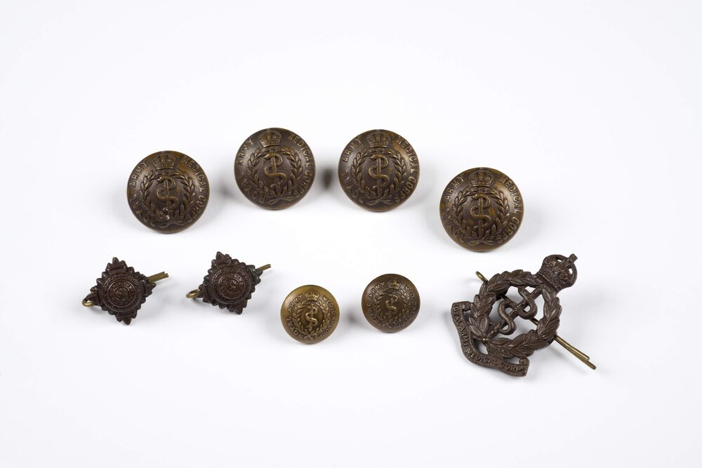 World War I military uniform buttons and insignia worn by Dr Vera Scantlebury at Endell Street Military Hospital