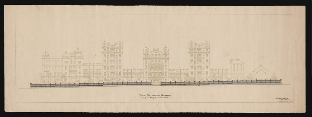 New Melbourne Hospital - Showing iron railing to Lonsdale Street