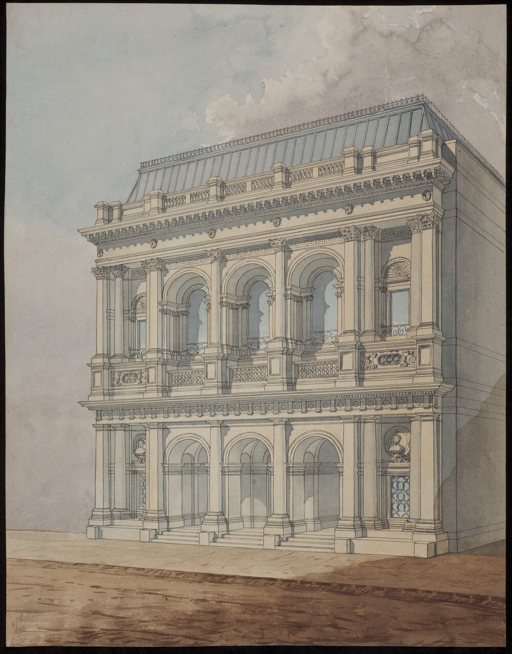 [Watercolour front render of unidentified building]