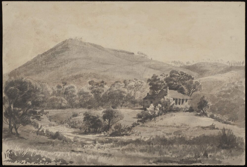 [Ink sketch of house in landscape]