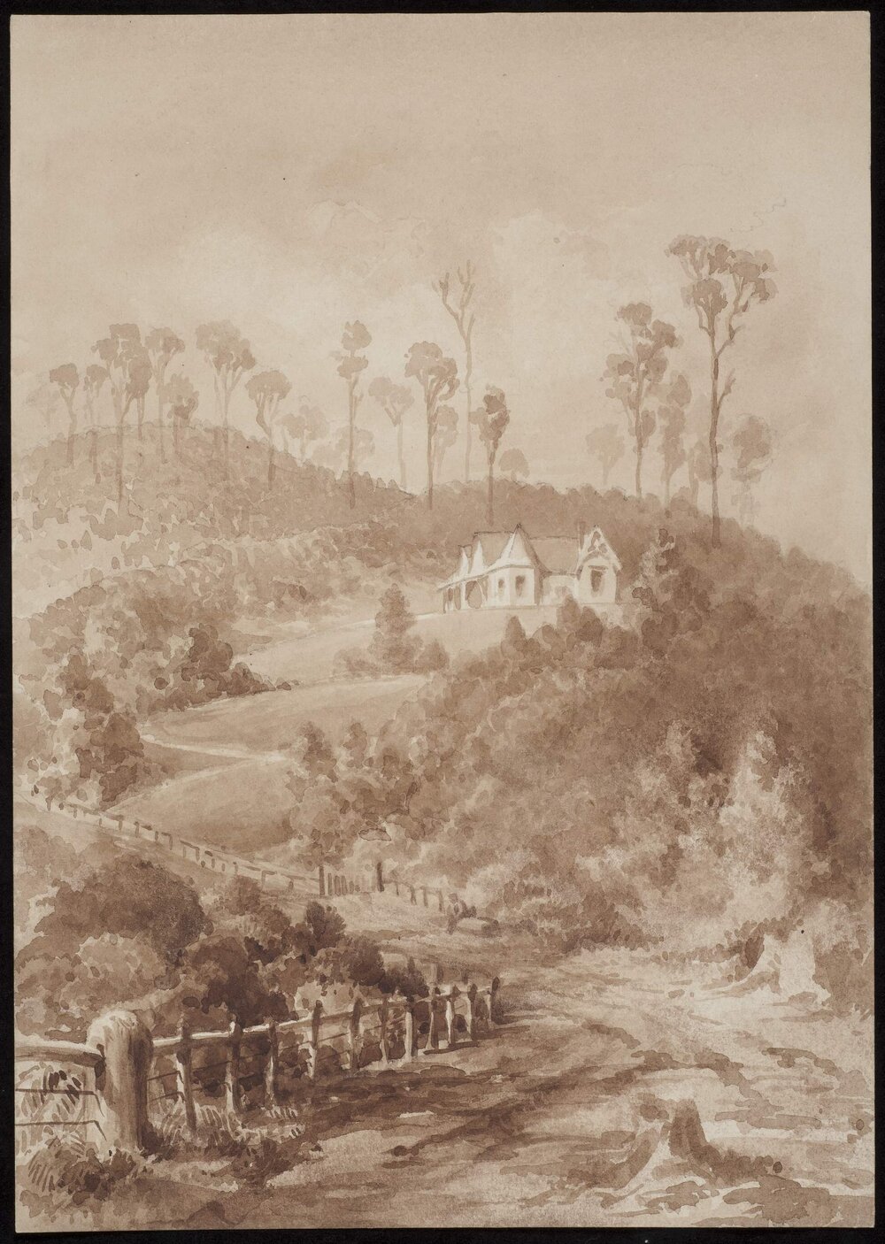 [Watercolour sketch of house in landscape]
