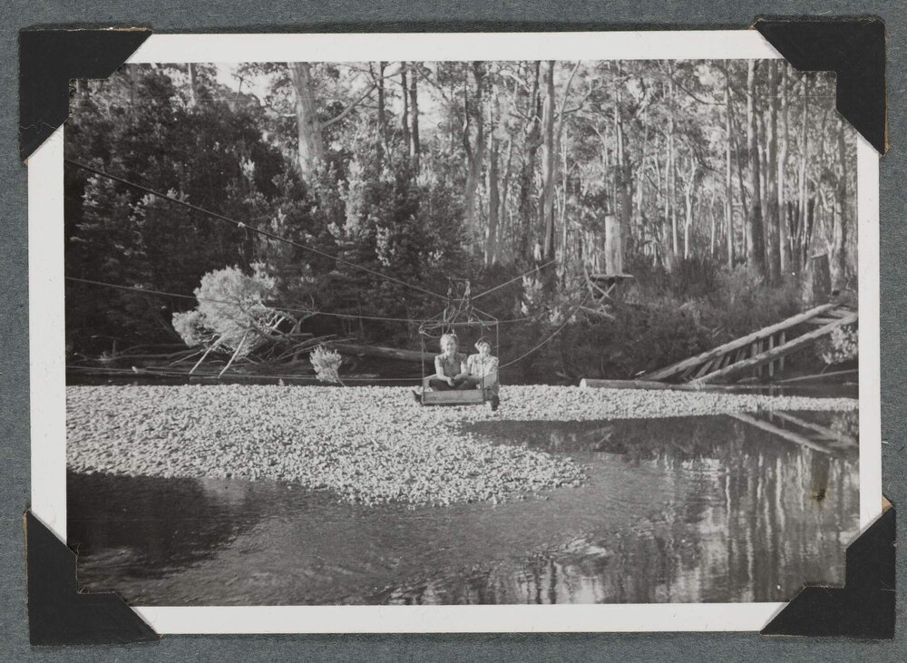 [Two people in a flying fox above river]