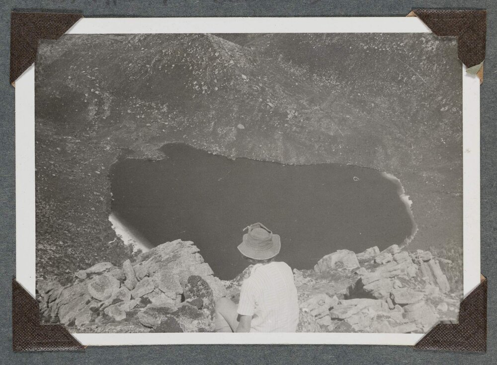 [Mountaineering Club Tasmania - gorge and lake with person in the foreground]