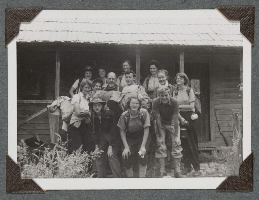 [Mountaineering Club Tasmania group in front of homestead]