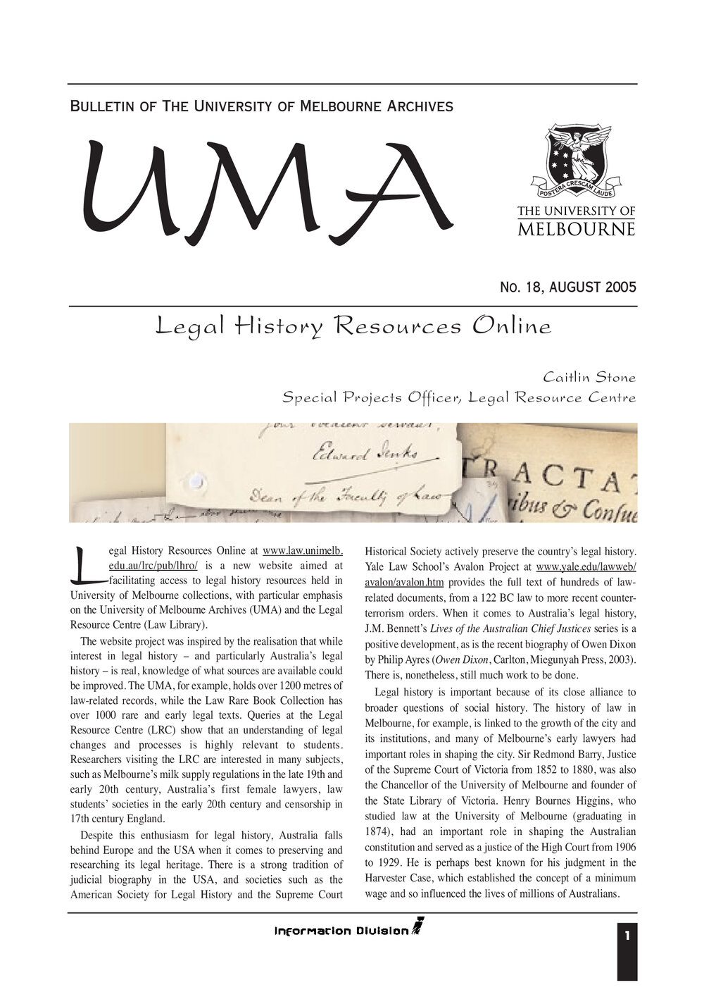 UMA Bulletin : News from the University of Melbourne Archives : Issue 18