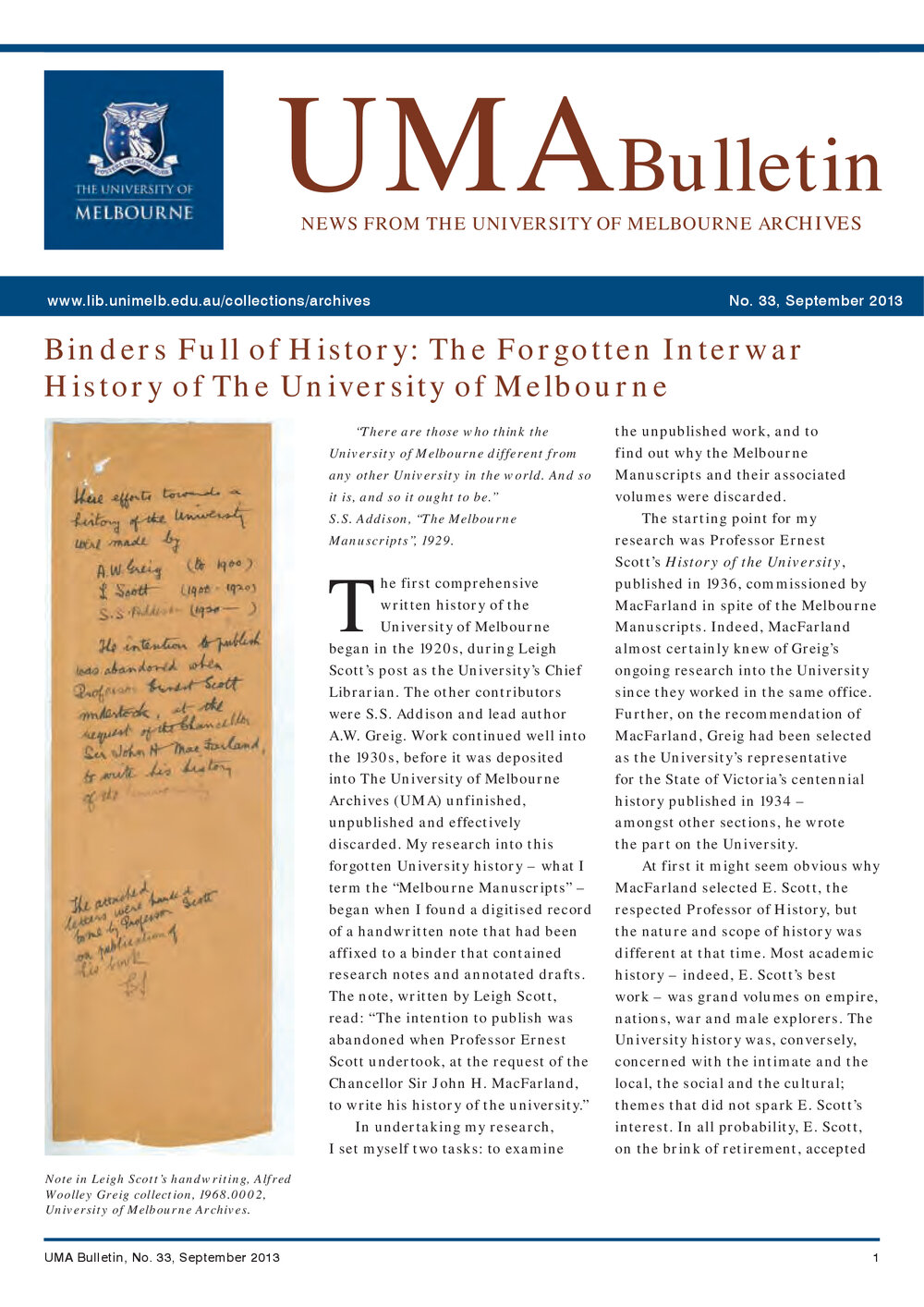 UMA Bulletin : News from the University of Melbourne Archives : Issue 33