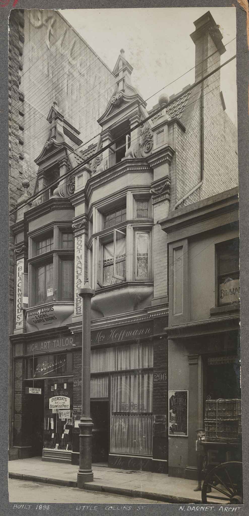 Building of Morris Aarons and Sons, J. Bressler, tailor, Mrs Hoffmann and 'The Cecil