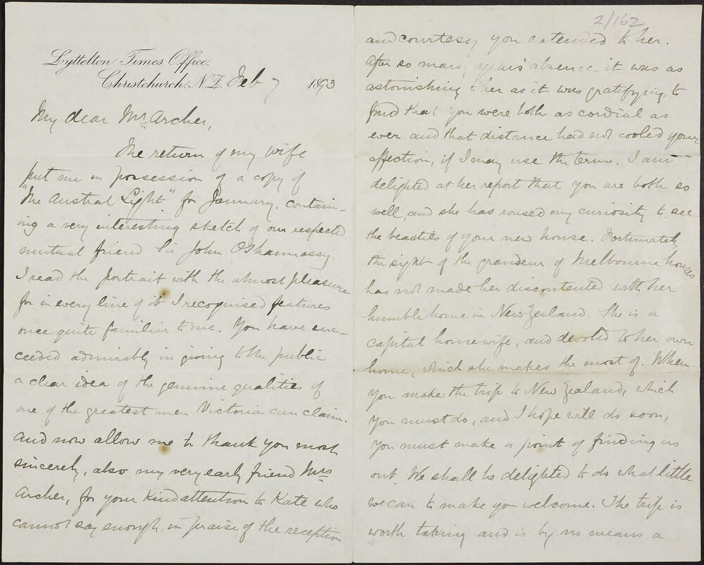 PLUNKET James,  Lyttleton Times Office, Christchurch, N.Z.