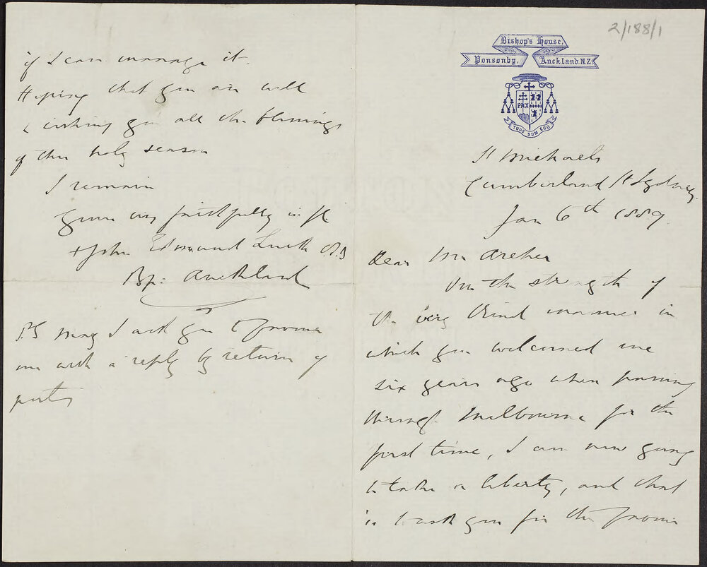 SUCH, John Edmund, (Bishop of Auckland) St Michaels, Cumberland Street, Sydney.