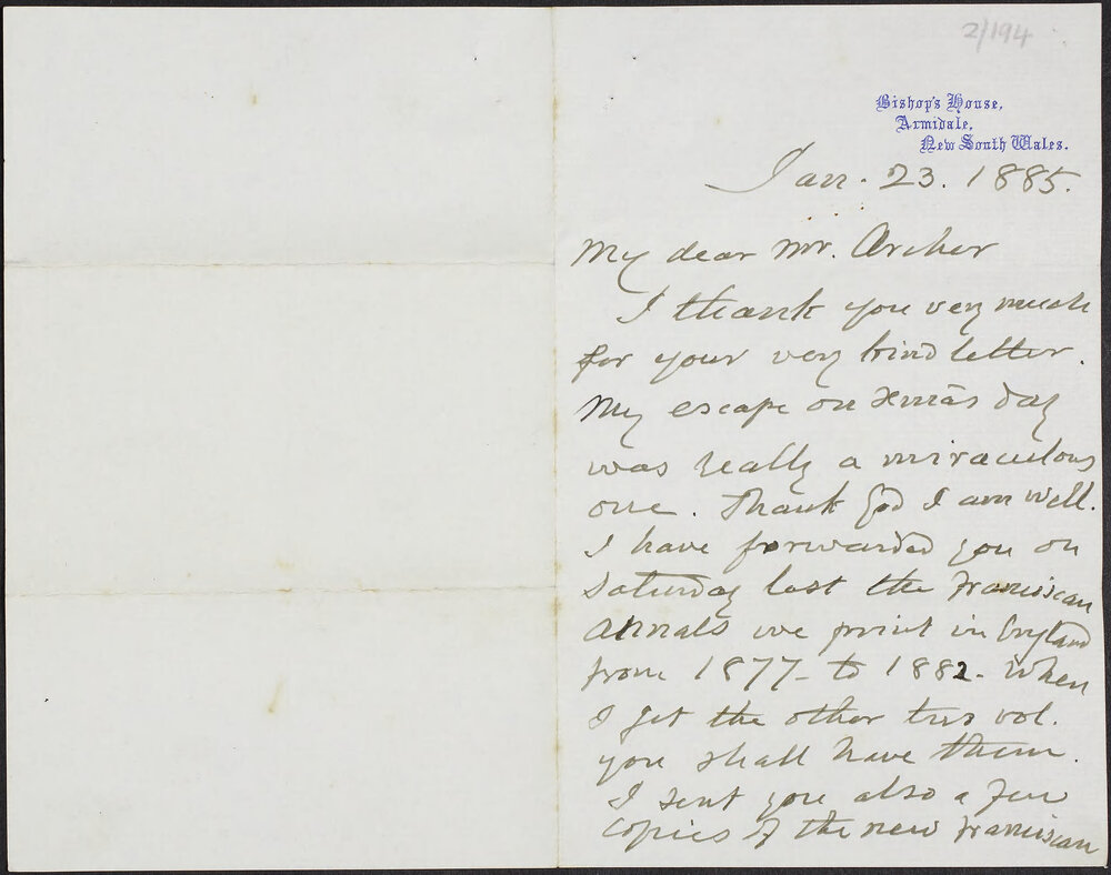 TORREGIANI, Elzear, (Bishop of Armidale, N.S.W.)  Bishop's House, Armidale, N.S.W.