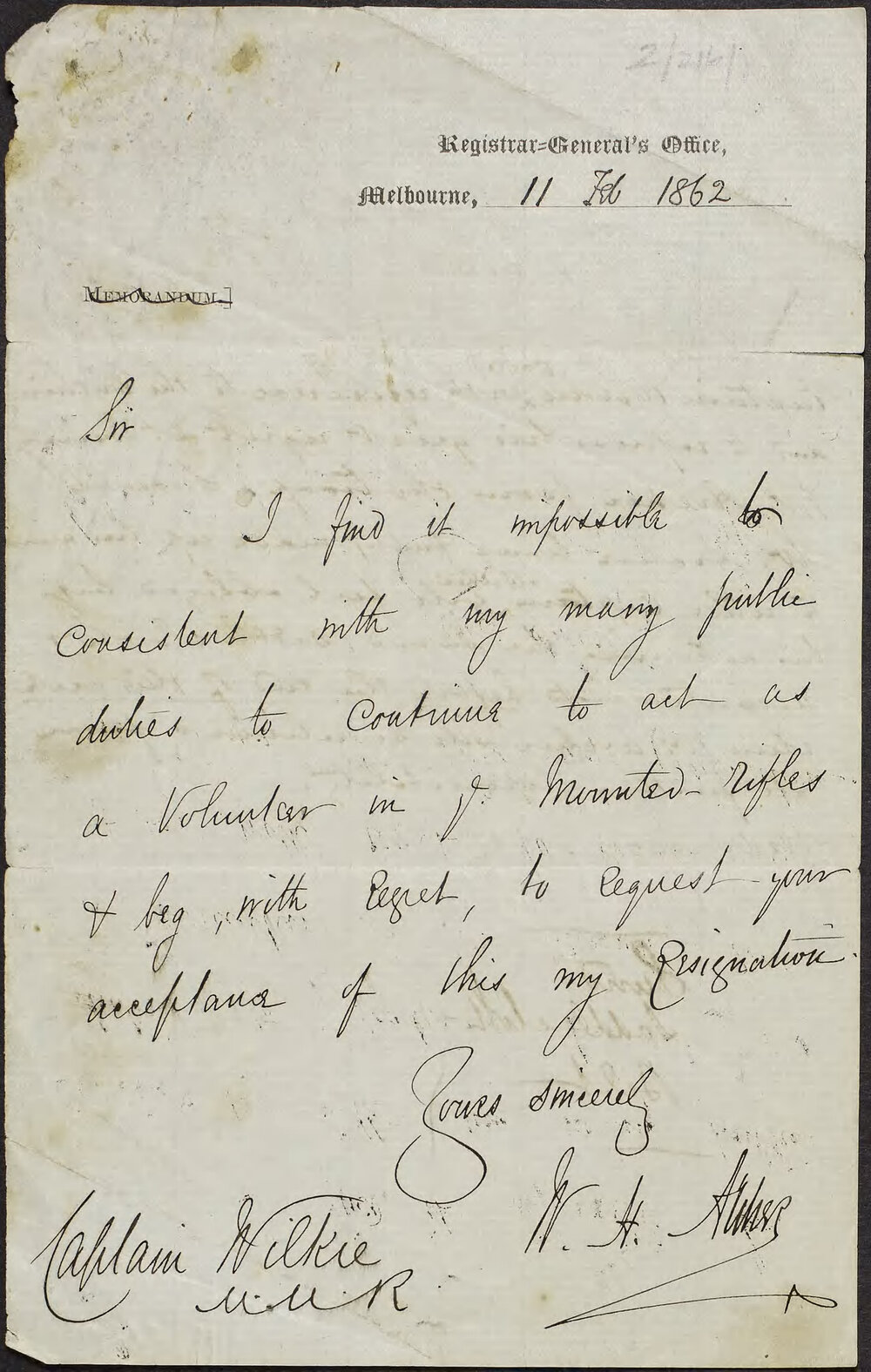 William Henry Archer to Captain Wilkie.