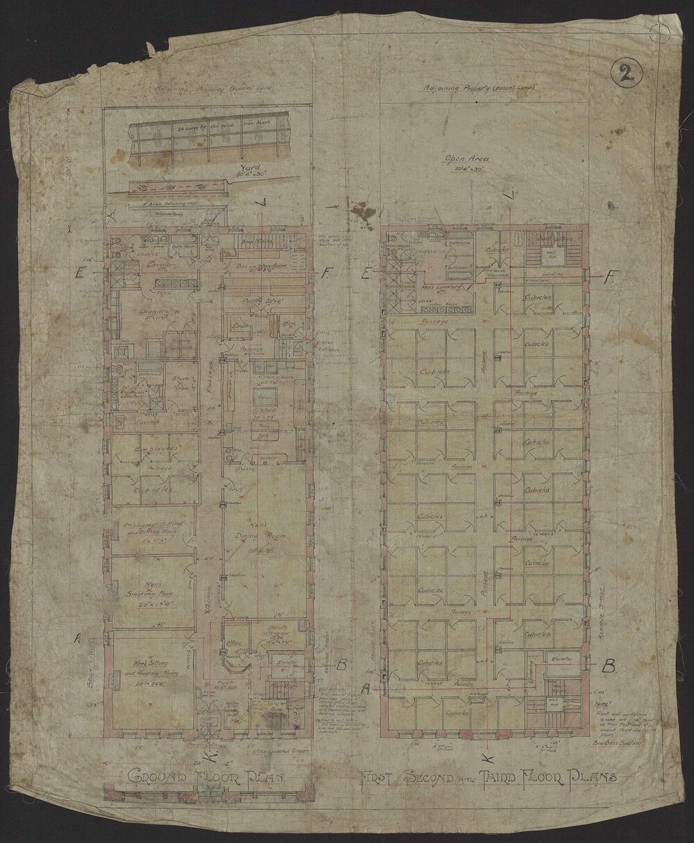 [William Booth Memorial Mens' Home, Ground, First, Second, Third Floor Plans]