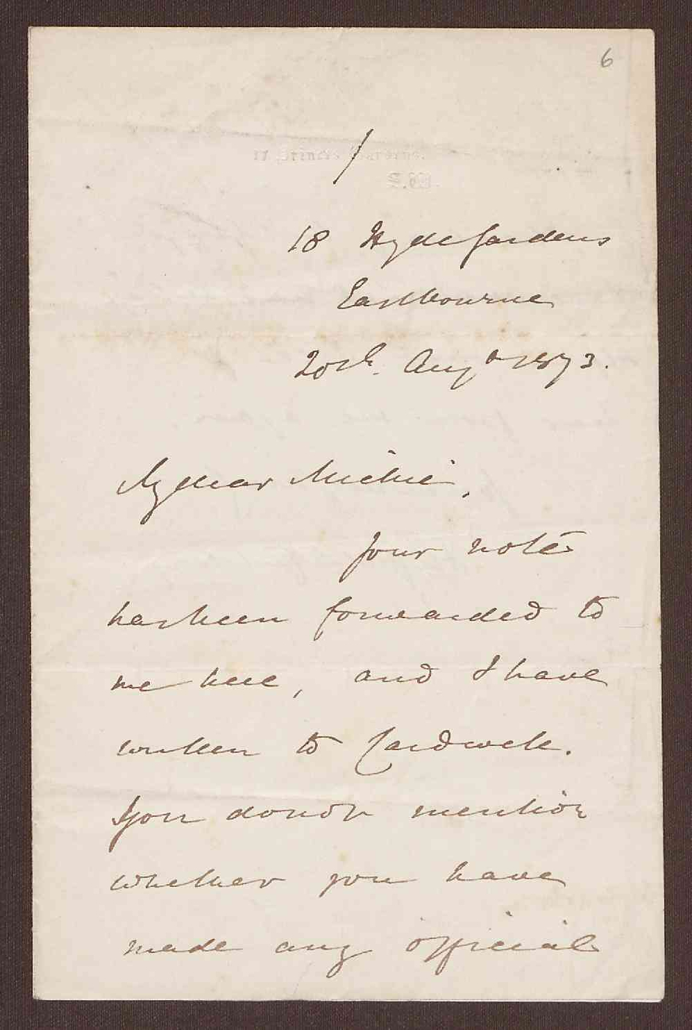 Letter from Hugh C.E. Childers, 16 Hyde Gardens, Eastbourne
