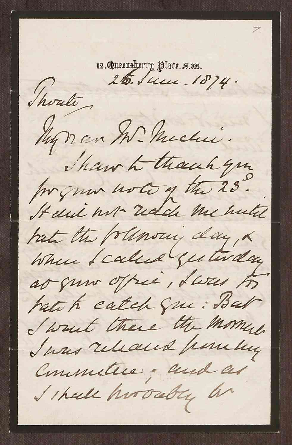 Letter from Viscount of Canterbury, 12 Queensbury Place, London