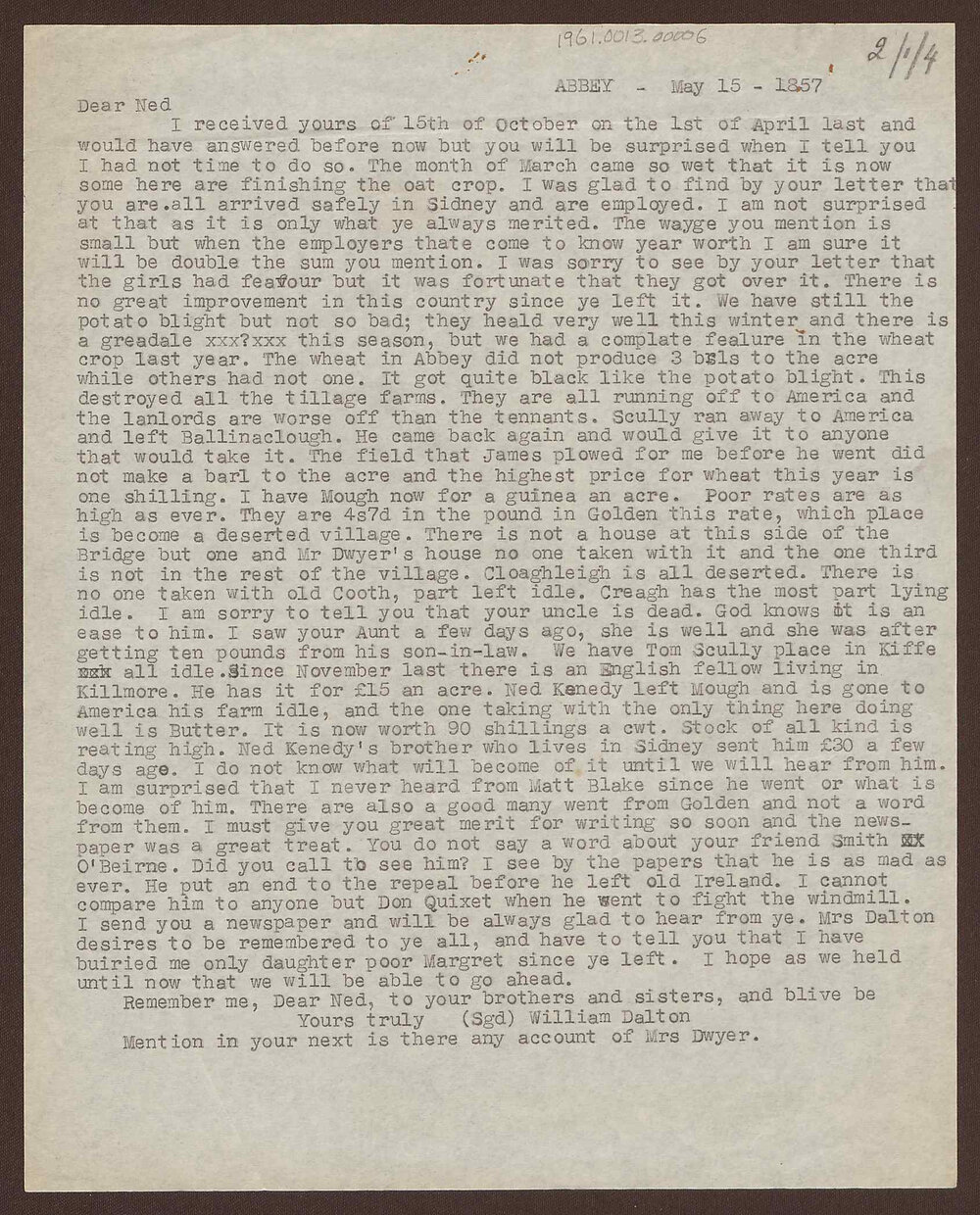 From William Dalton to Ned (Edward Hogan)