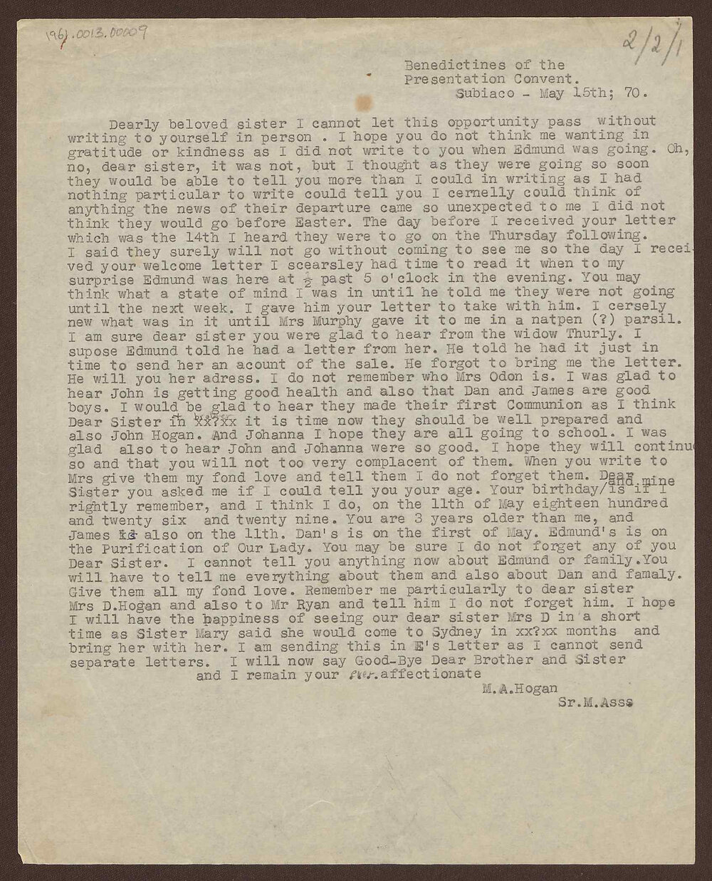 From M.A. Hogan Sr. M. Ass. at the Benedictines of the Presentation Convent, Subiaco