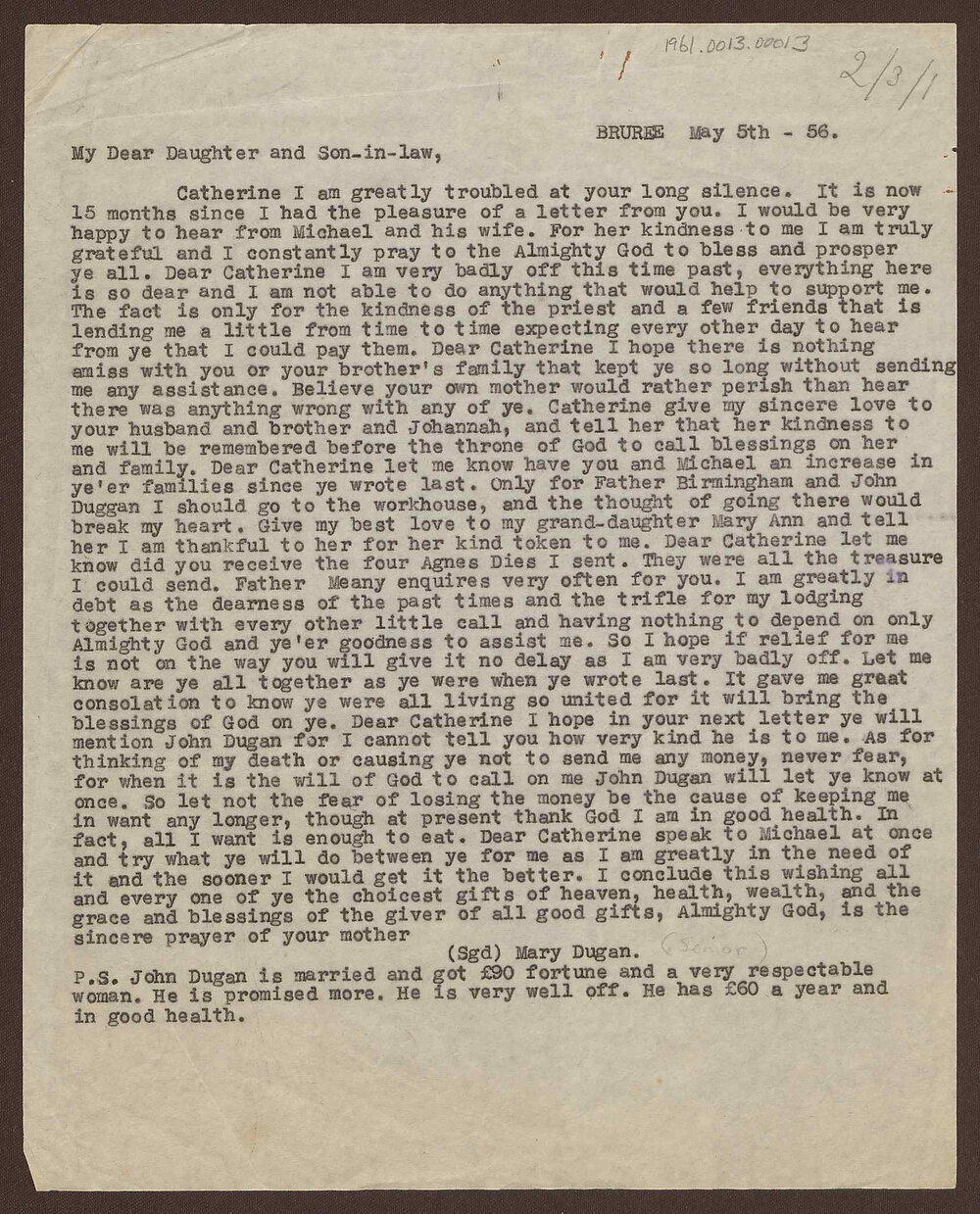 From Mary Duggan, grandmother of Daniel Joseph Duggan, written from Bruree, near Limerick to her daughter Catherine (Michael Duggan's sister).
