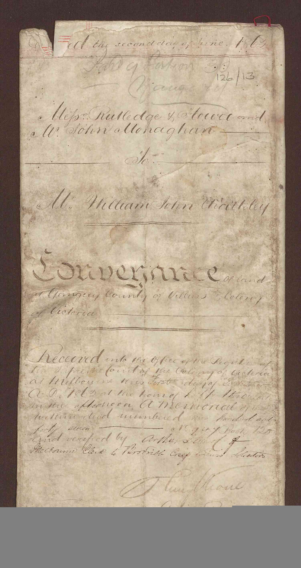 Indenture Certificate Rutledge and Flower, John Monaghan and William John Chalkley