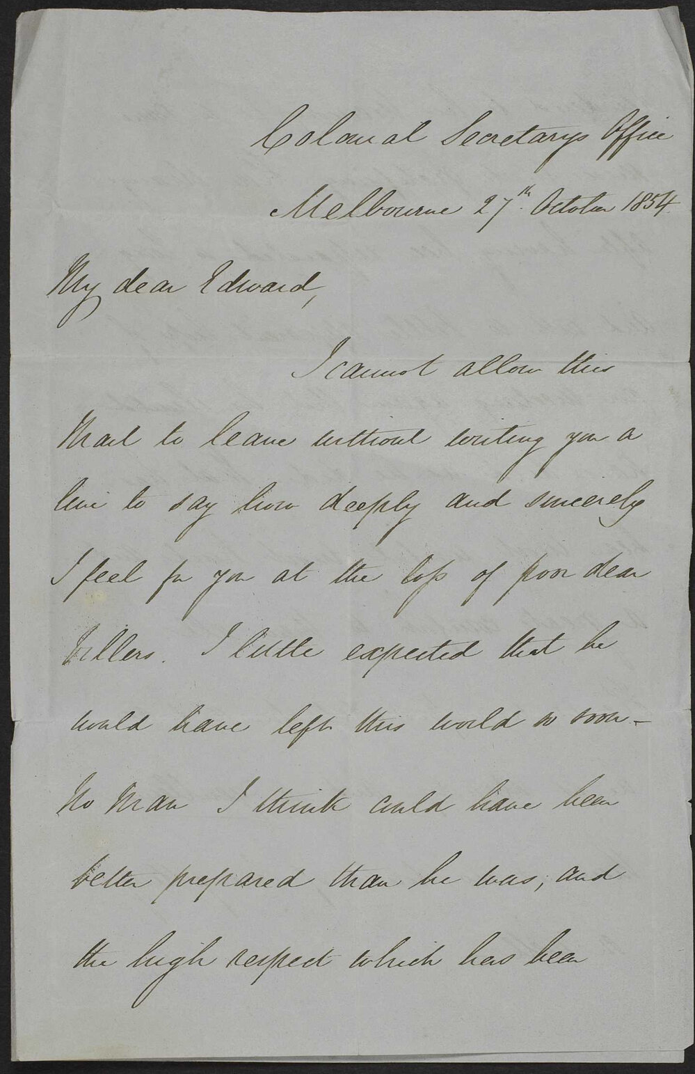 John Blaheney, Colonial Secretary&rsquo;s Office, Melbourne, letters to Major Edward butler, Bally Adams, Athy, Ireland.