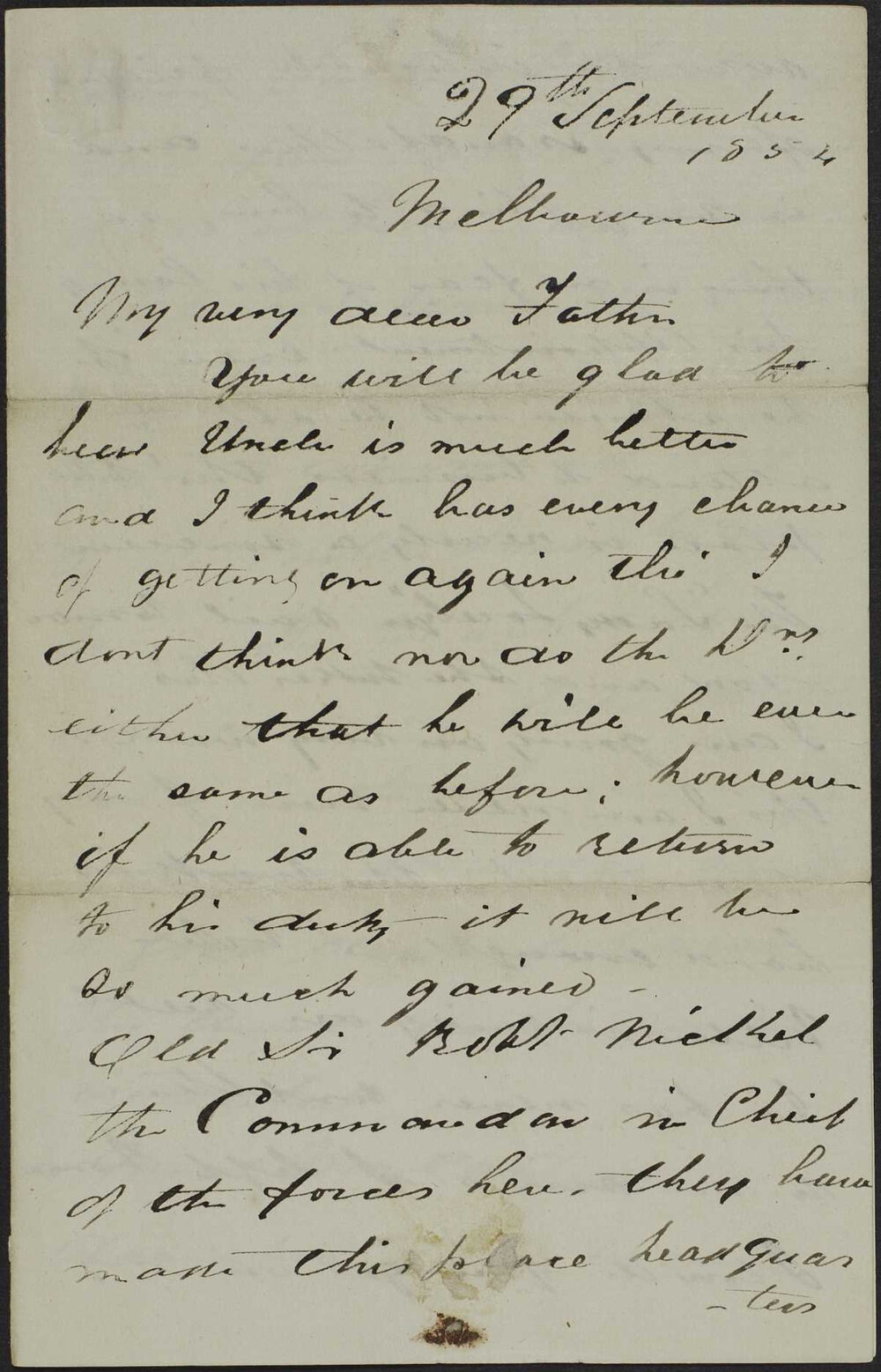 Walter Butler to his father, from Melbourne.