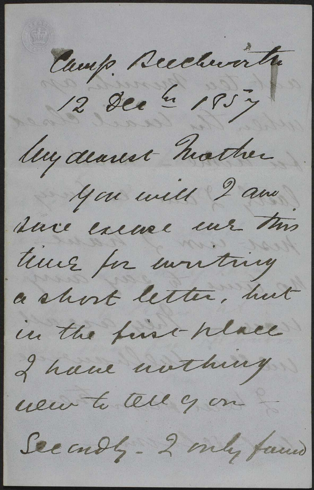Walter Butler to his mother, from Camp Beechworth.
