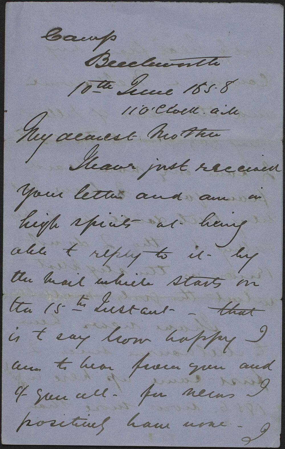 Walter Butler to his mother, from Camp Beechworth.
