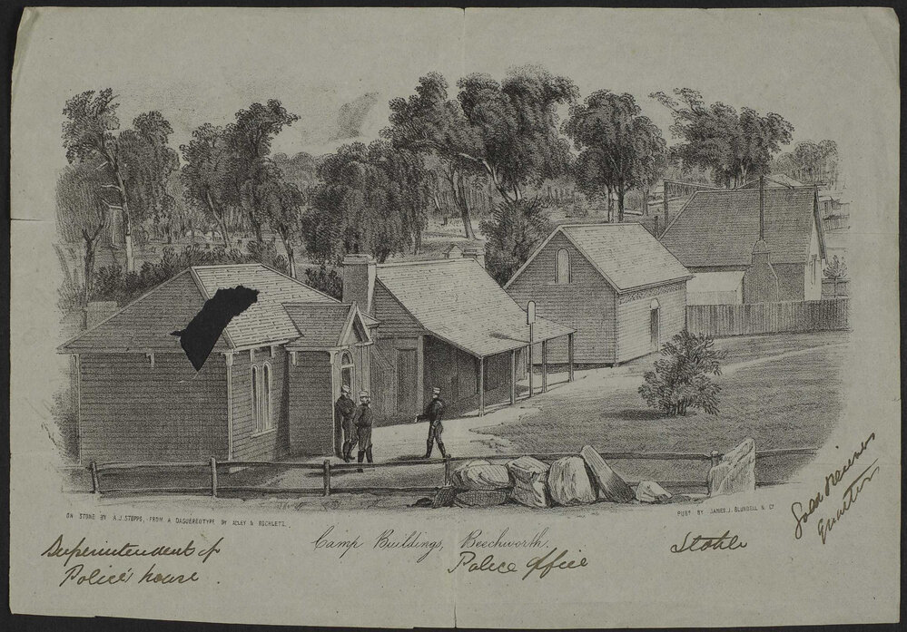 Letter on back of picture of camp buildings, Beechworth, showing Superintendent of Police&rsquo;s house, police office, stable, gold receiver&rsquo;s quarters.