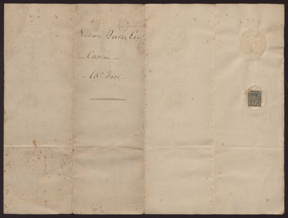 Lieutenant Villars Butler, appointment as Captain in the 65th Foot.