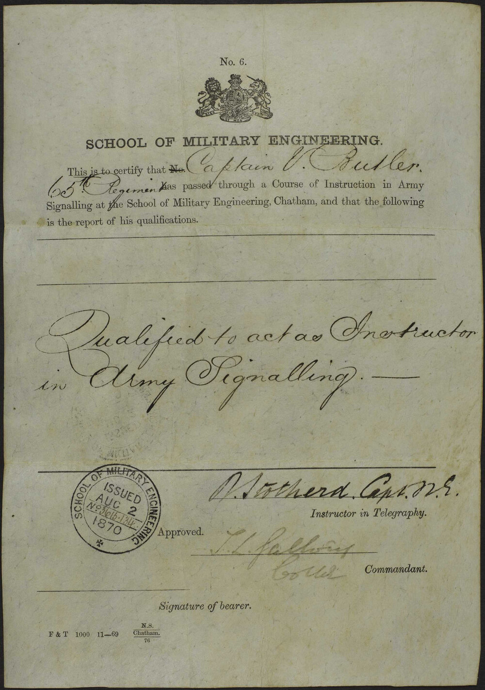 Captain Villars Butler, qualified to instruct Army Signalling, from the School of Military Engineering, Chatham.