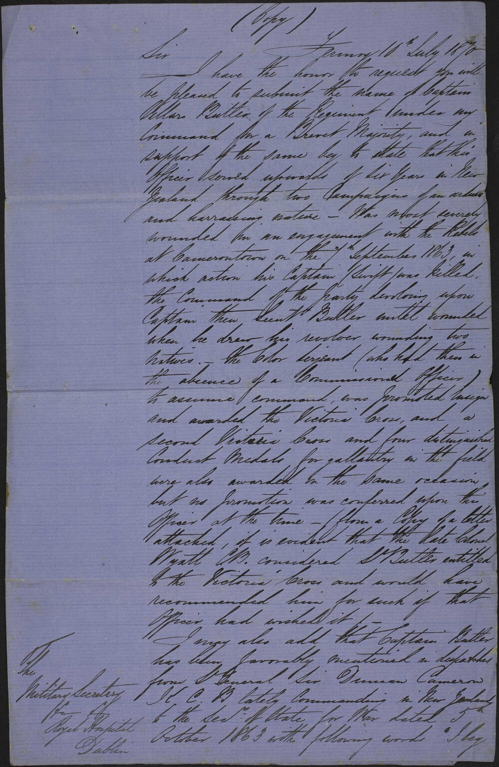 Letter from R.H. MacGregor, commander 65th foot, to the Military Secretary, Royal Hospital, Dublin.