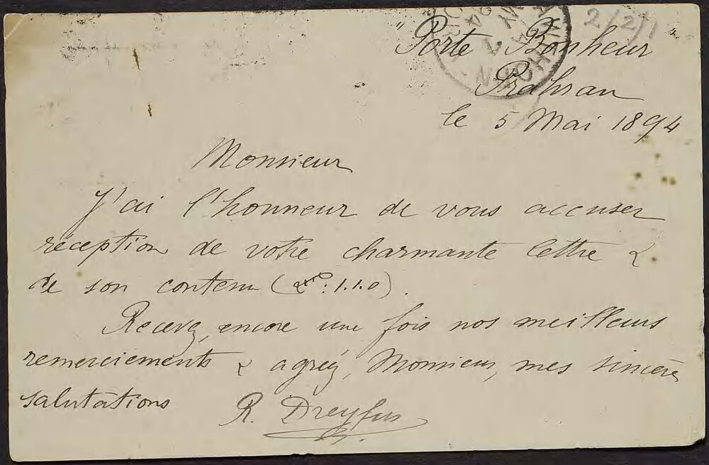 AARONS, R. (n&eacute;e Dreyfus) Postcard, "Porte Bonheur", Prahran.