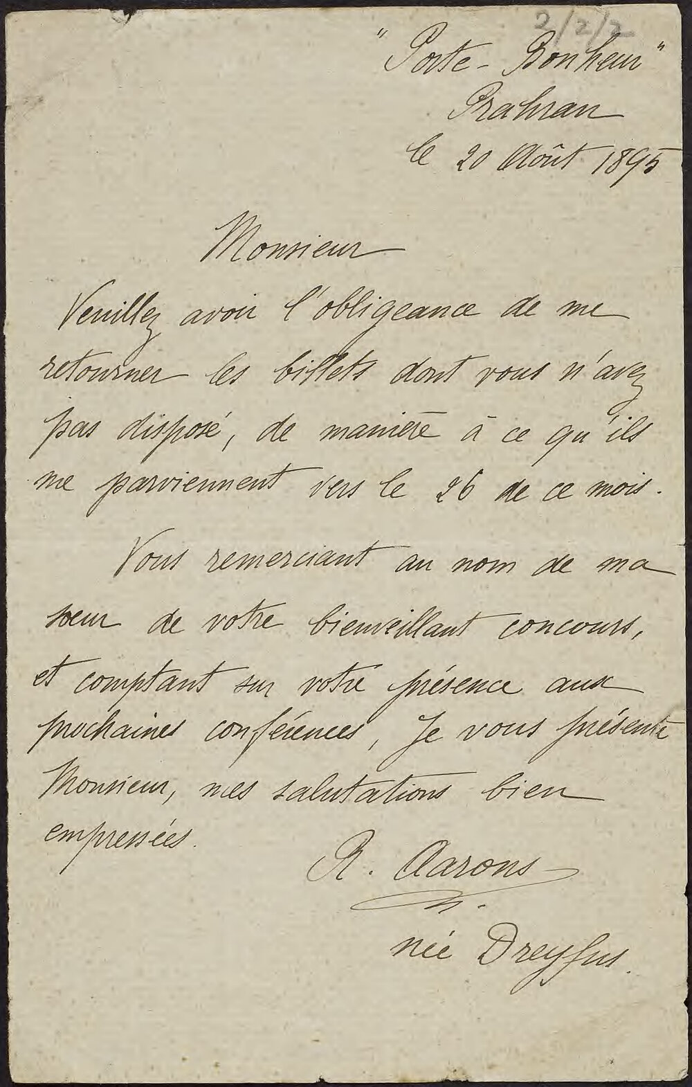 AARONS, R. (n&eacute;e Dreyfus) "Porte Bonheur", Prahran.