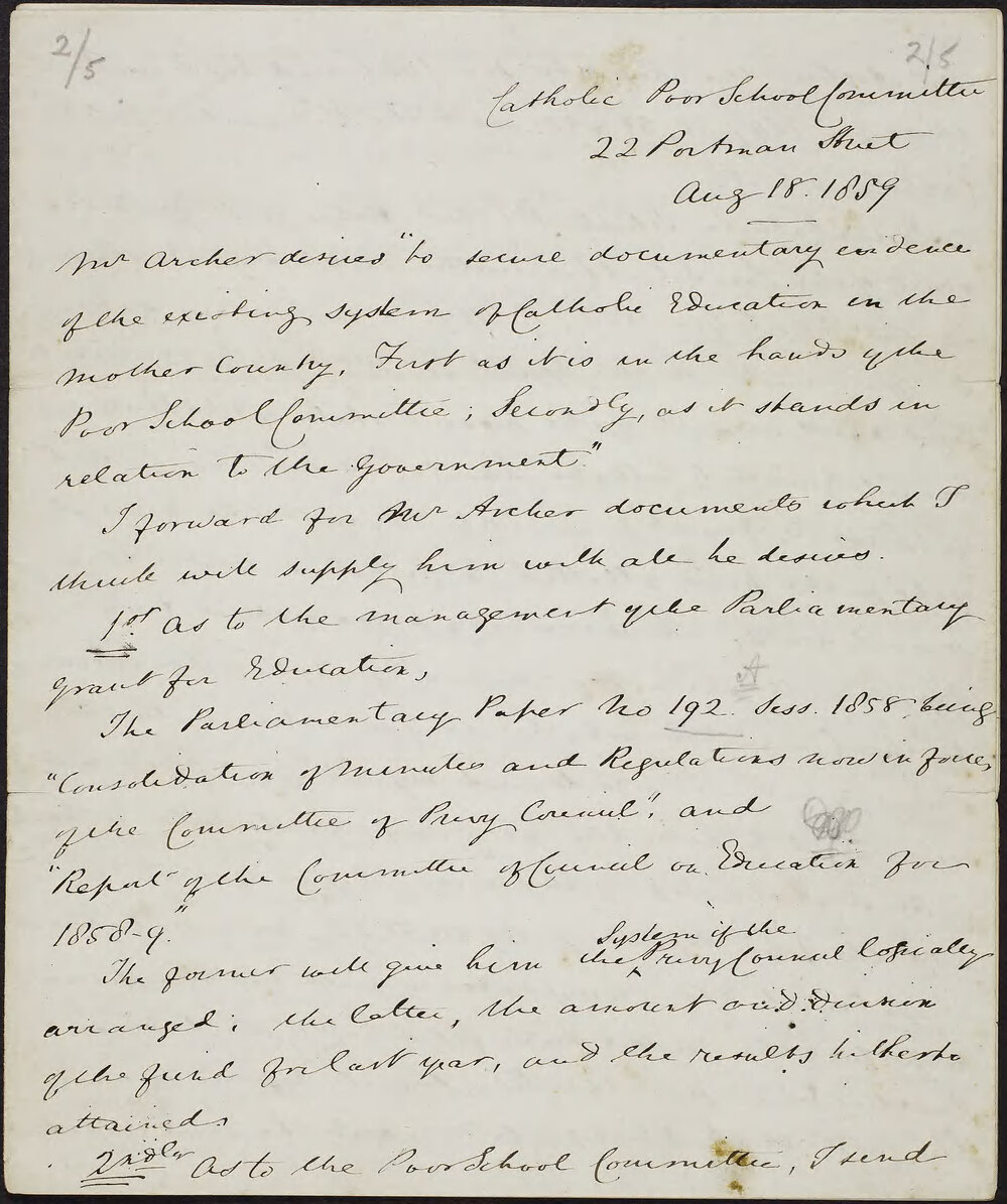 ALLIES, Thomas William, Catholic Poor School Committee, 22 Portman Street.