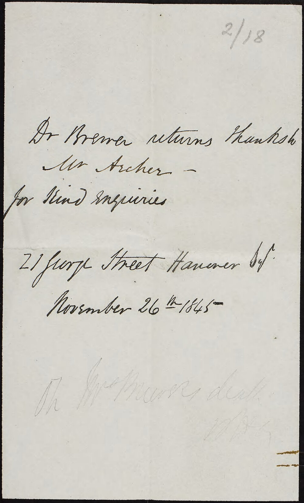 BREWER, Dr William, George Street, Hanover Square, London.