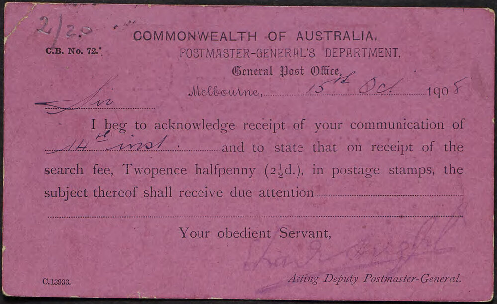 BRIGHT, Charles (Acting Deputy Postmaster), Postcard, G.P.O. Melbourne.