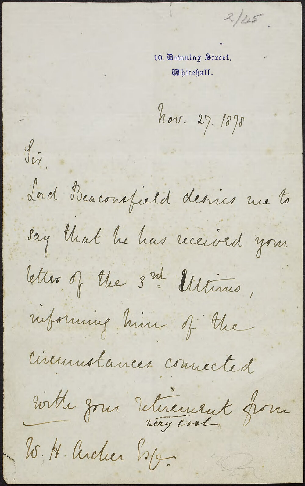 DALY, J.F.  (Secretary to Lord Beaconsfield) 10 Downing Street, Whitehall.