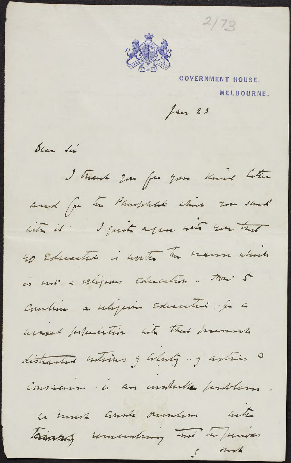 FROUDE, J. A. Government House, Melbourne.