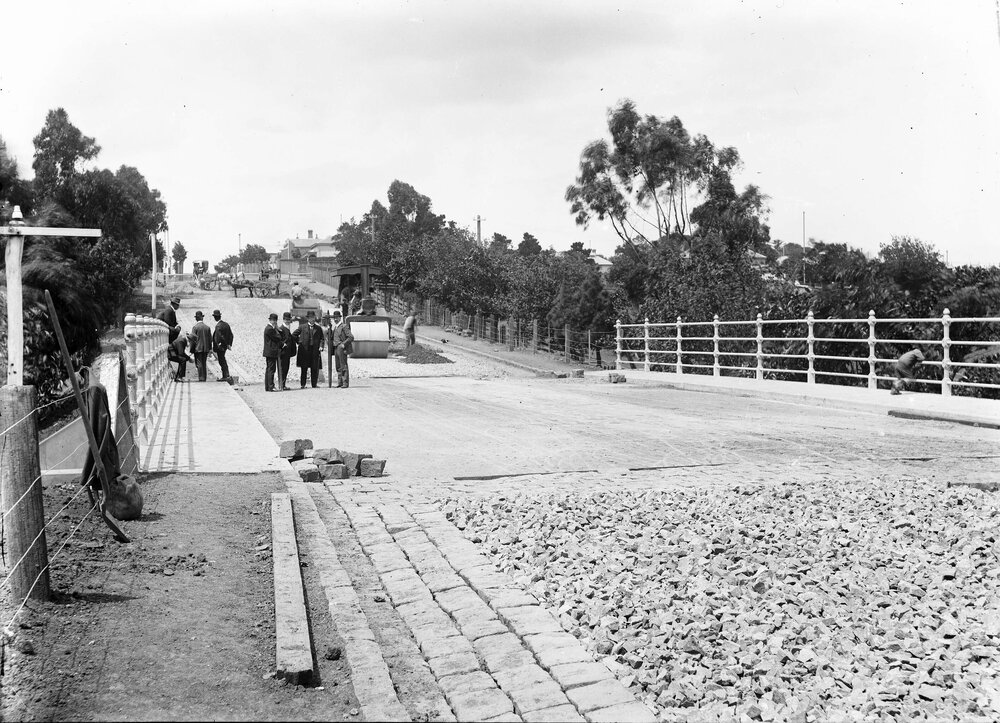 View along deck of bridge