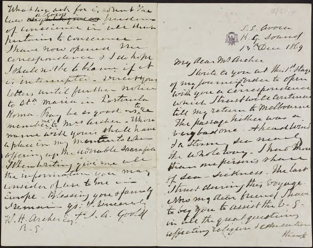 GOOLD, J. A. (Bishop of Melbourne, Archbishop of Melbourne ) Avoca, King George Sound.